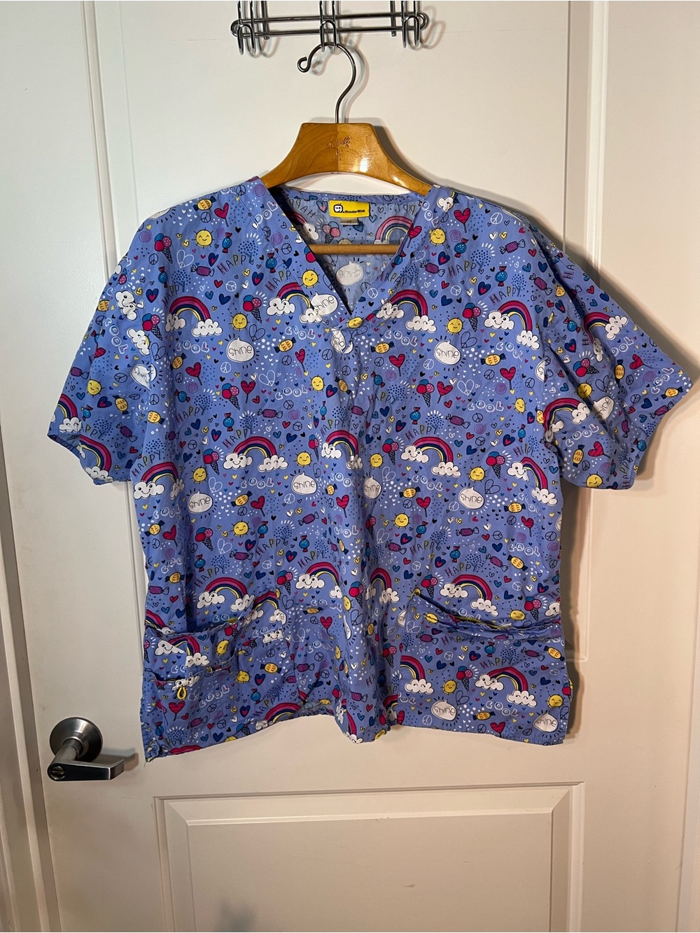 Blue Rainbow & Clouds Print Scrub Top - WonderWink / 100% cotton